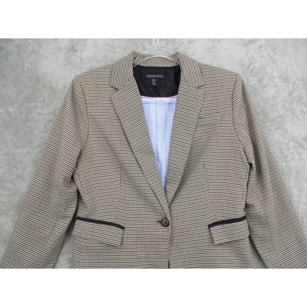 British Khaki Blazer Womens Medium Houndstooth Elbow Patch Academia Preppy Lined - Picture 3 of 10